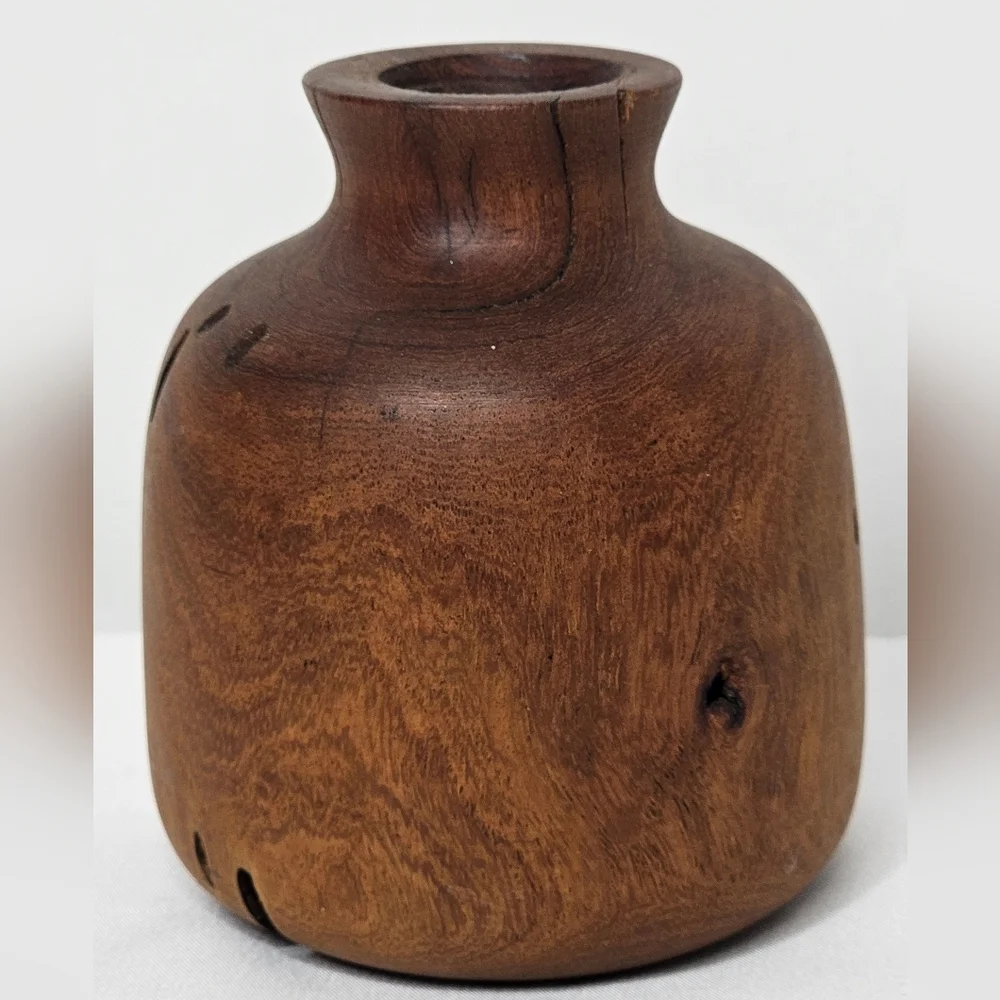 Artisan Carved Burl Wood Bud Vase Vintage Rustic Decor Natural Wood Grain Textur